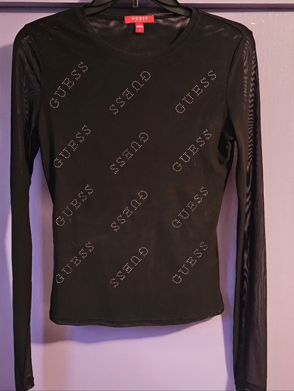GUESS Black Long-Sleeve Studded Logo Top